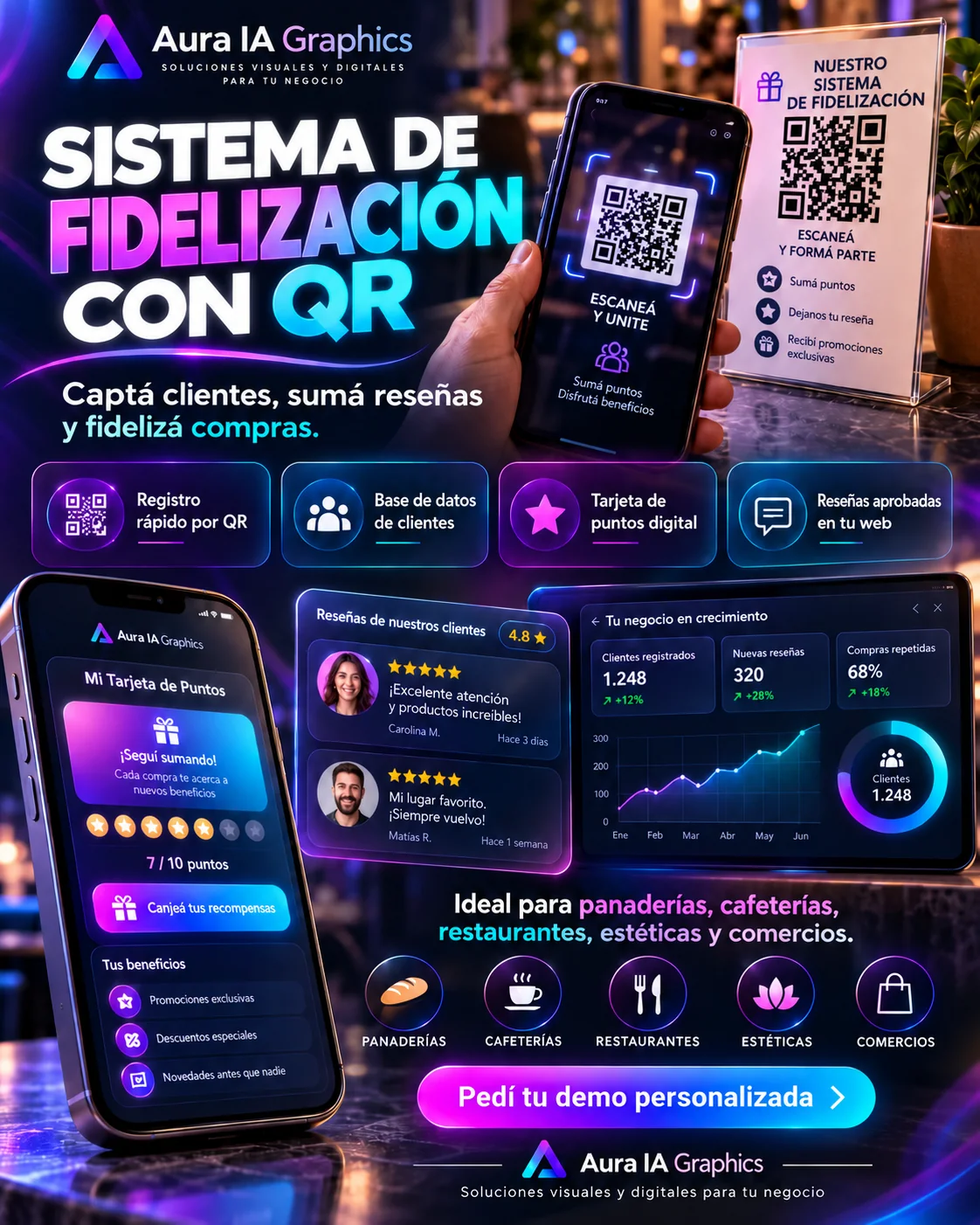 Flyer de Aura IA Graphics para el sistema de fidelización con QR